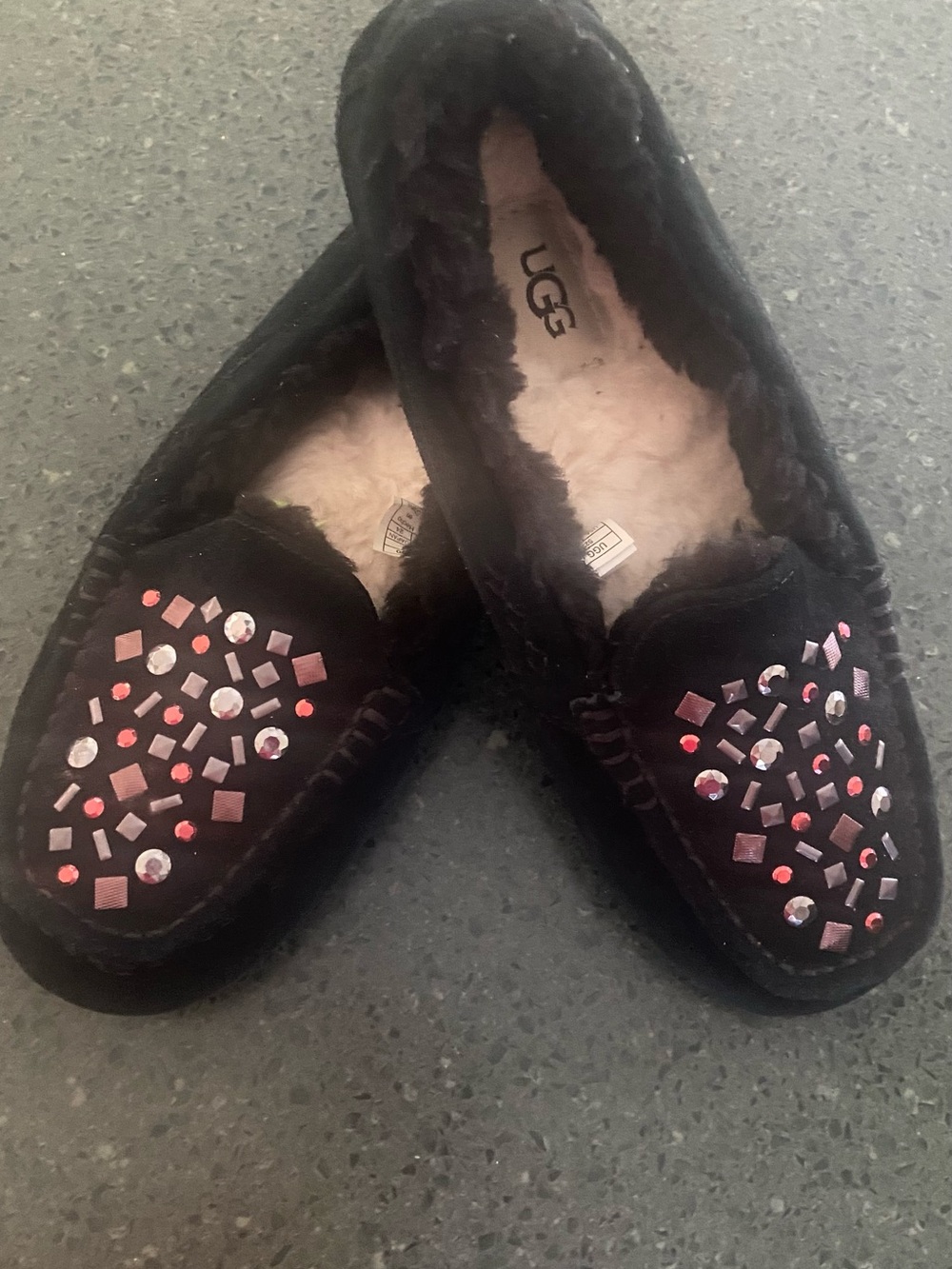 UGG Sz 7 Black Embellished Shearling Moccasin Slippers